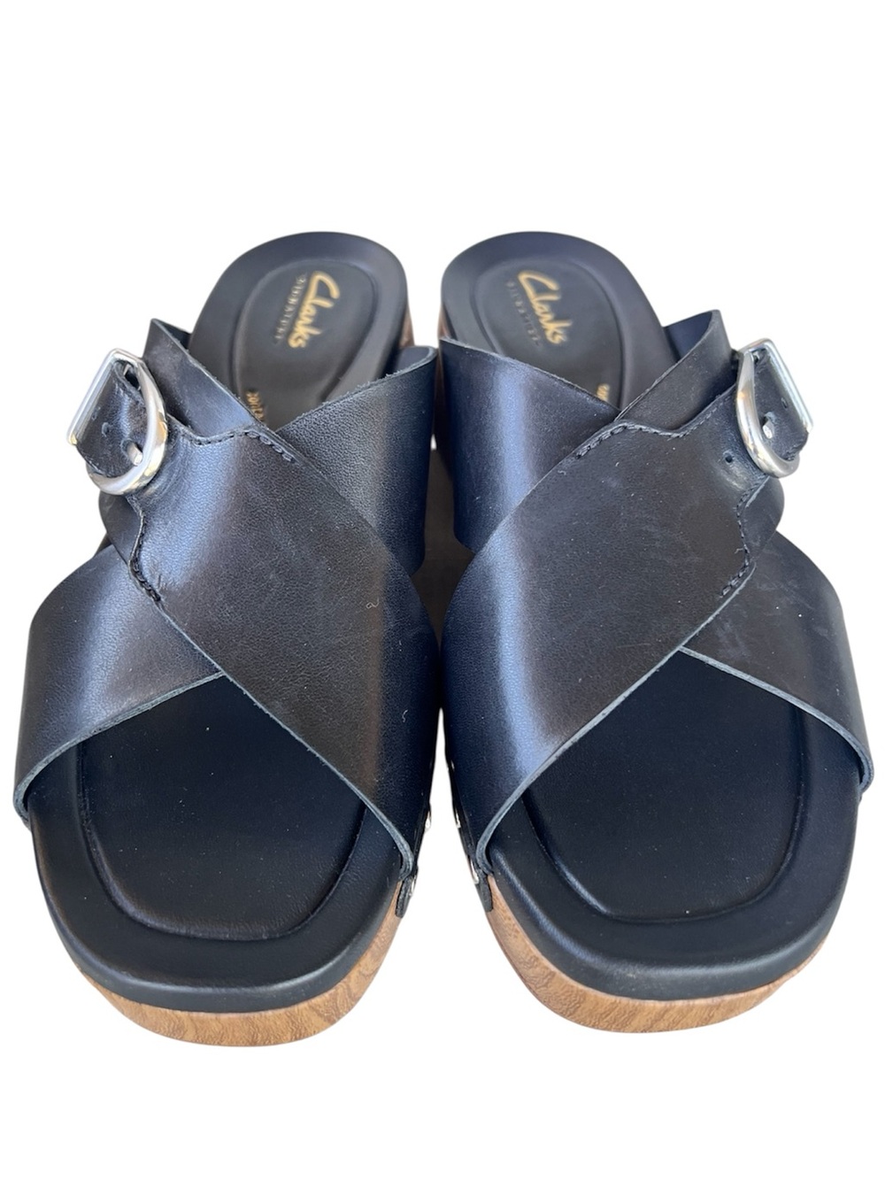 Clarks Sivanne Walk Wedge Sandal Black Leather Slip On Clog Slide Women’s 6M
